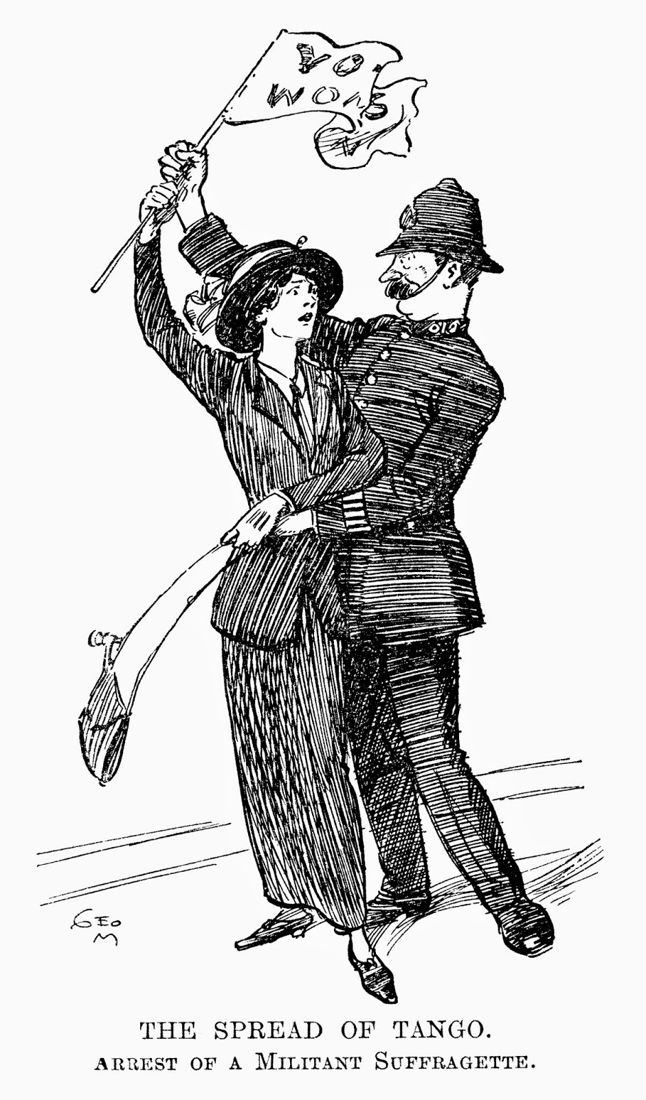 “THE SPREAD OF TANGO. ARREST OF A MILITANT SUFFRAGETTE” Punch Magazine, London, 1913